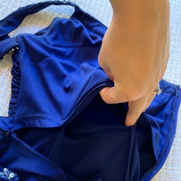 𝅺hailey Logan By Adrianna Papell Dark Blue One Strap Floor Length Gown Size 3/4 - Picture 6 of 11